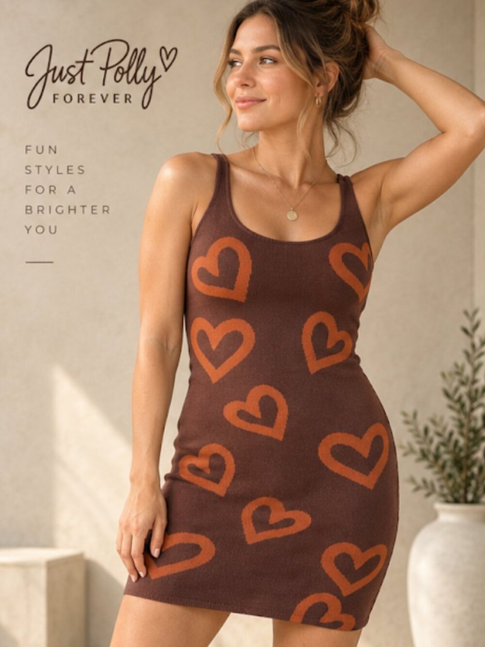 Just Polly Brown Orange Heart Knit Tank Mini Dress Size L